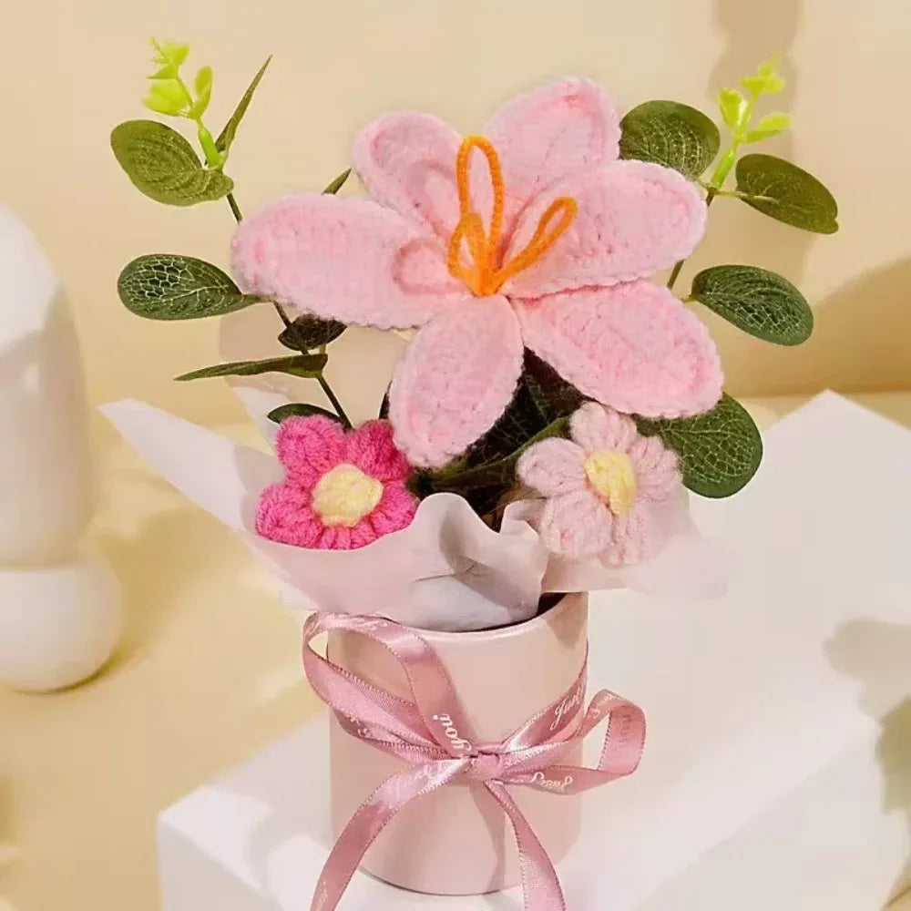 DTCTK Knitted Flower Bouquet Crochet Rose Flowers Hugging Bucket Christmas Gifts Living Room Desk Decoration Valentine's Day Gif