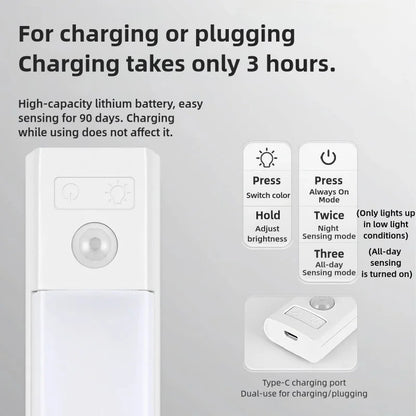 10-50cm LED Motion Sensor Light Night Wireless Lamp USB Battery Rechargeable Wall Under Cabinet For Bedroom Kitchen Lighting