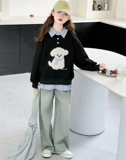Sweatshirt Girls' 2025 New Faux Two-Piece Polo Hoodie Spring/Autumn Kids Medium-Large Loose Fit Cartoon Puppy Top