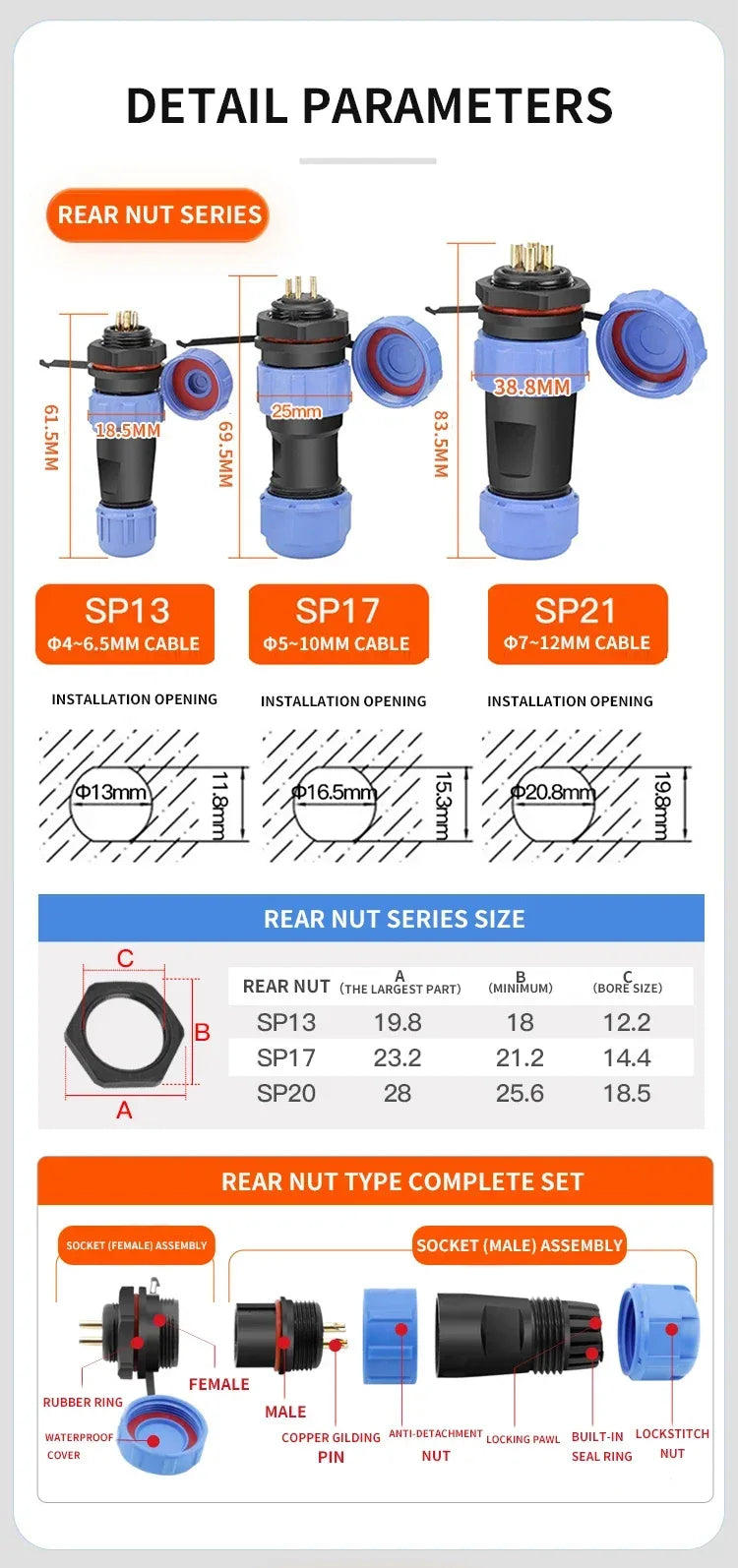 SP17 IP68 2 3 4 5 7 9 Pin Waterproof Connector Cable Adapter  Industrial Panel Mount Wire Connector Plug