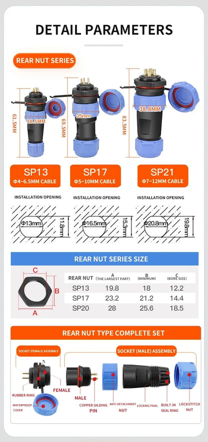 SP17 IP68 2 3 4 5 7 9 Pin Waterproof Connector Cable Adapter  Industrial Panel Mount Wire Connector Plug