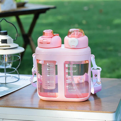 Summer Split-Compartment Double Drinking Straw Cup with ABS Material Kids Portable Water Bottle for Sports & Outdoor Leakproof