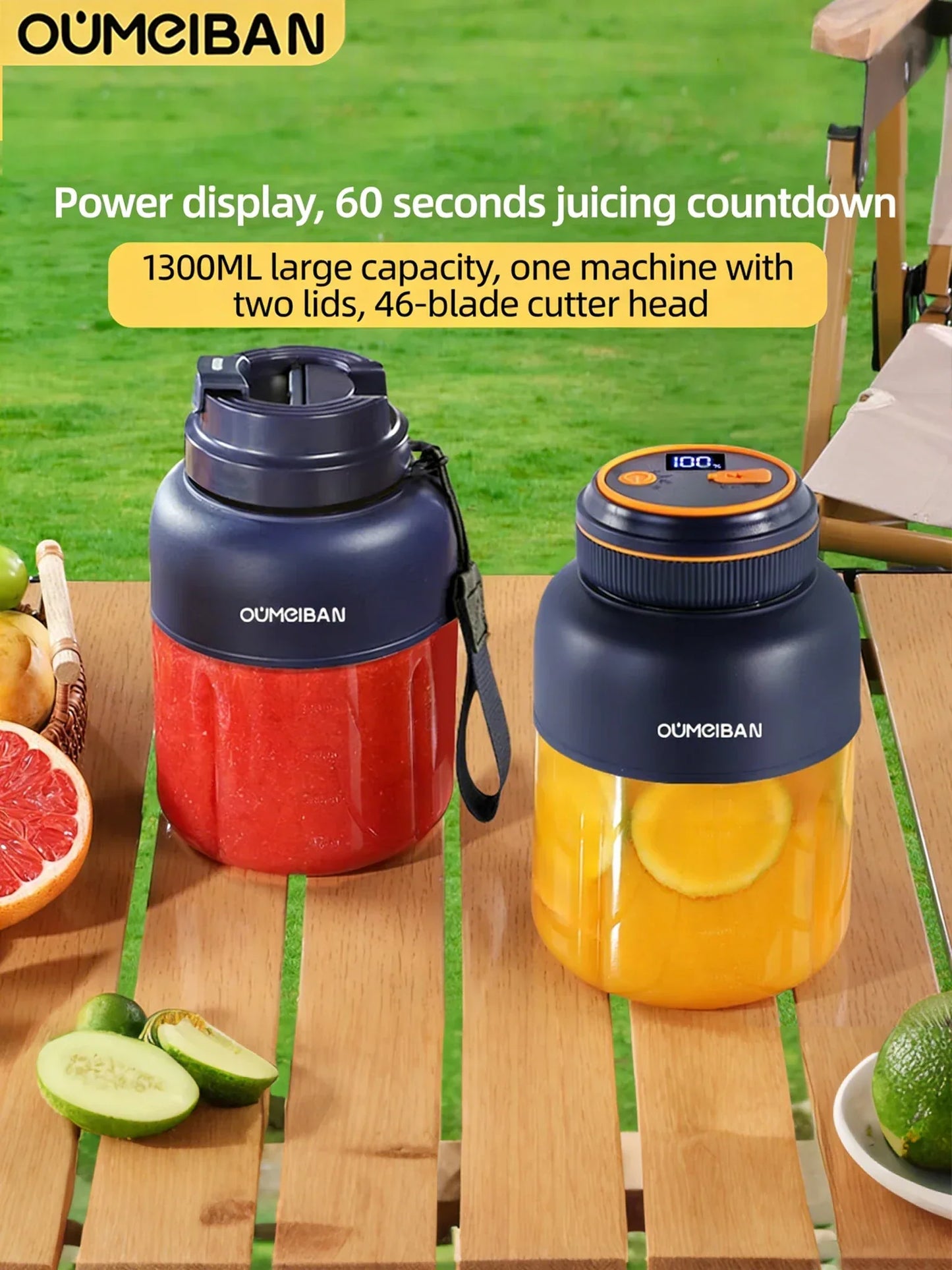 1300ML USB Rechargeable Portable Juicer, 46 Blades Fresh Fruit Mixer, Multifunctional Ice Crusher Smoothie Blender for Home