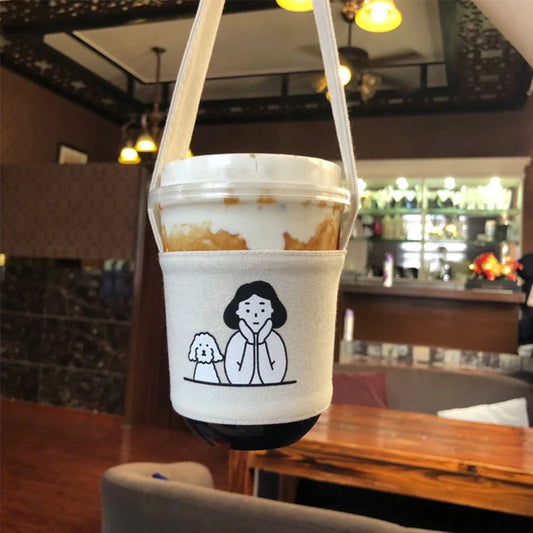 【Portable Water Bottle Holder Carry Bag Coffee Cup Storage Sleeve Cover Canvas Printing Milk Tea Set Drinking Bottle Strap】