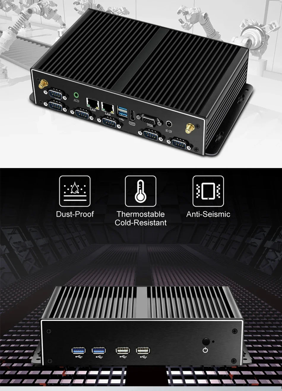 Industrial Mini PC Fanless Dual LAN 6x COM-RS232 Support 1x RS485 Intel I7-5500U Celeron J1900 SIM Slot Mini-PCIe Windows Linux