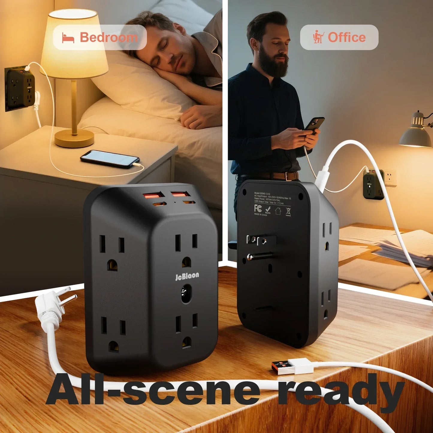 Multi Plug Wall Outle,6-Outlet Extender with 4 USB Ports,3 Sided Multi Plug Wall Adapter  Surge Protector for Home Office