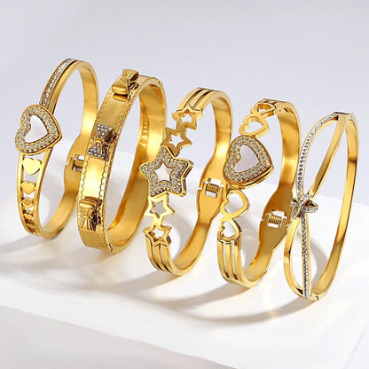 Elegant Rhinestones Bracelet with White Shell for Women Stainless Steel Golden Series Jewelry Fashion Valentine's Day Jewelry