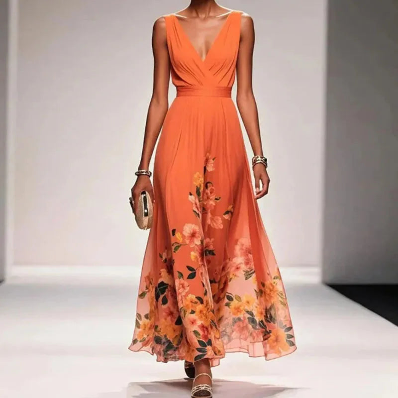New Fashion Party Dresses Deep V Neck Floral Printing Ruffle Sleeveless A Line Beach Dress High Waisted Summer Sexy Womens Dress