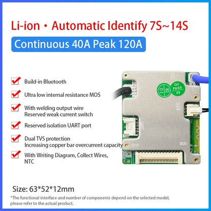 JBD BMS Auto-Identify 7S 8S 10S 12S 13S 14S 20A 30A 40A 50A LiFePo4 Smart BMS 24V 36V 48V Battery Management System for E-Bike