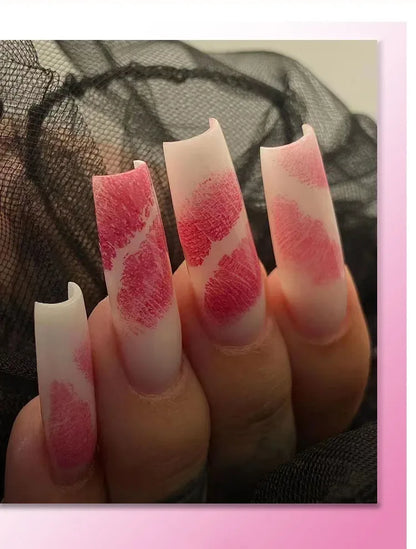 Romantic Red Lips Valentine's Day Wearable Fake Nails Frosted White Detachable Finished False Nails Press on Nails with Glue