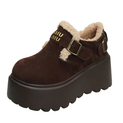 Platform High Heels Slippers Women Suede Mules Shoes Fur Warm Wedges Flip Flops 2025 Winter New Snow Boots Fashion Zapatos Mujer