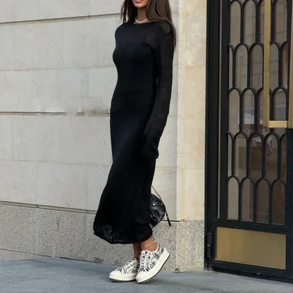 Spring Autumn O-Neck Elastic Knit Long Dresses Women 2024 Elegant Chic Soft Lady Hollowing Sweater Dresses Femme New