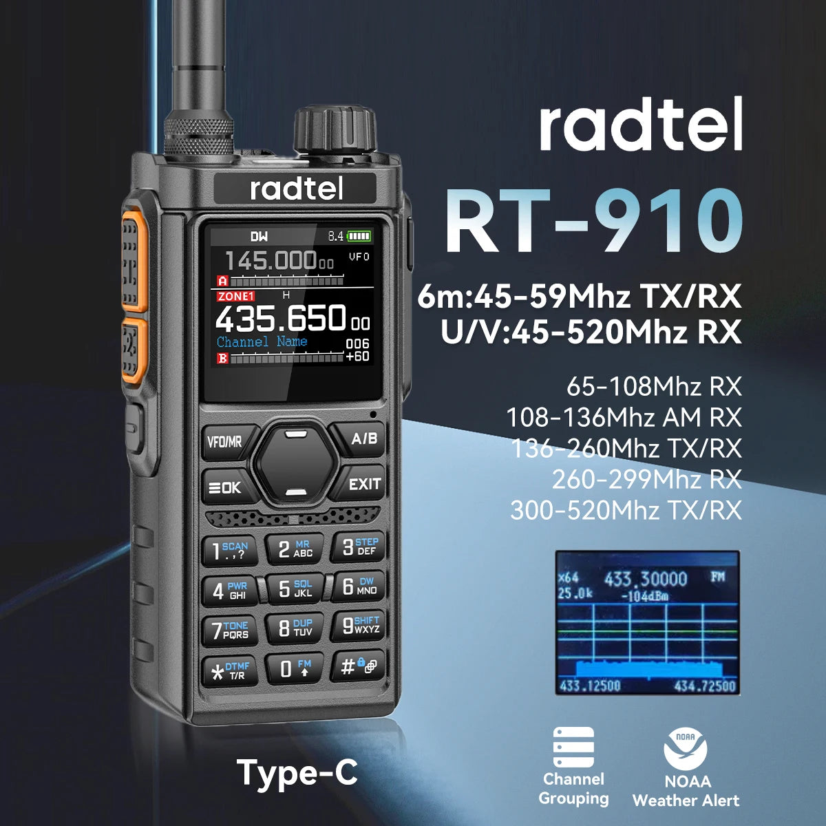 Radtel RT-910 Dual Band Walkie Talkie with 960 Channels Portable Ham Radio NOAA Spectrum Analyzer AM FM