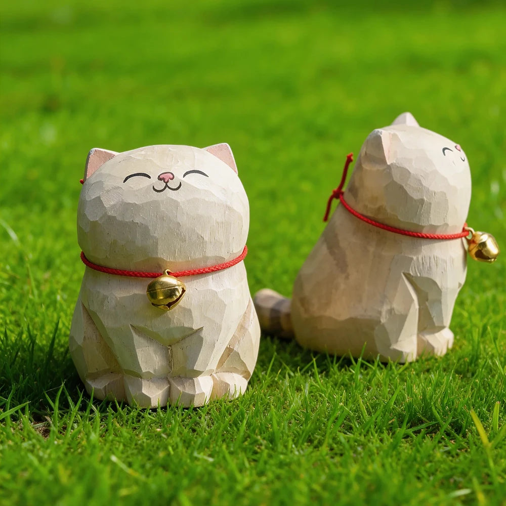Cute Cat Animals Figurine Decorative Wooden  Ornament Kitten Statue Calico Golden gradient cat Home Office Desk Car Decor Gift