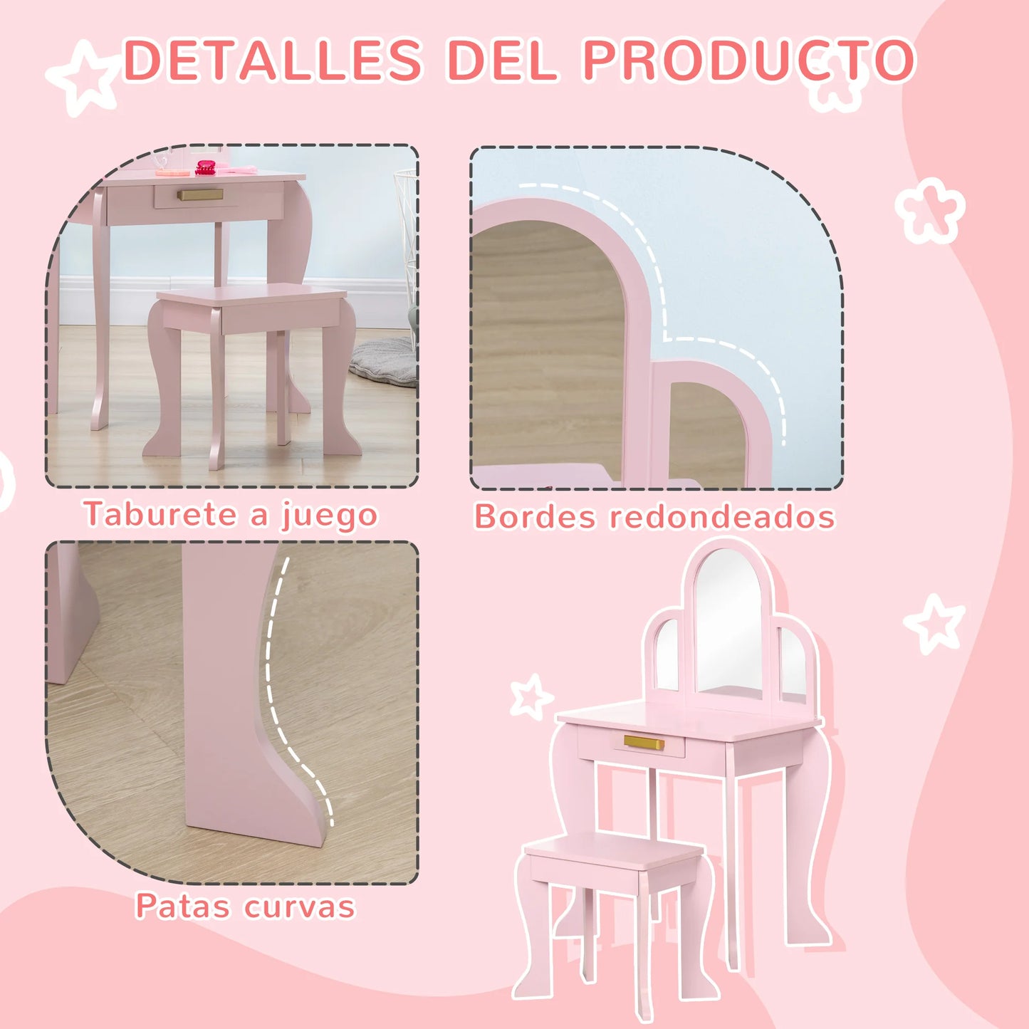 Homcom Children's Dressing Table with Mirror and Stool Children's Dressing Table Makeup Table for Girls from 3 to 6 Years with Drawer Pink