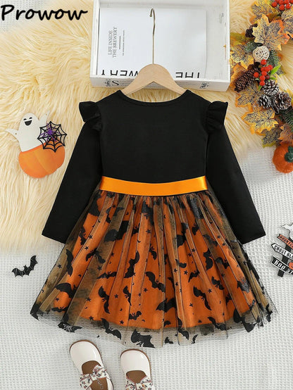 Prowow 2-8Y Kids Purple Halloween Dresses For Girls Long Sleeve Princess Mesh Spooky Spider Dress Children Halloween Costumes