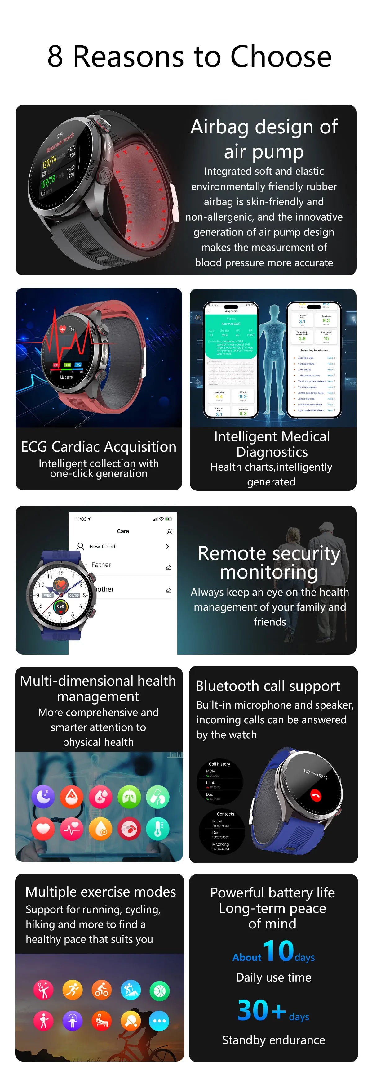 New Blood pressure Non-invasive Health Monitor Airbag Sports Smart Watches ECG+PPG Precise 1.43-inch AMOLED Calls Smartwatch NFC