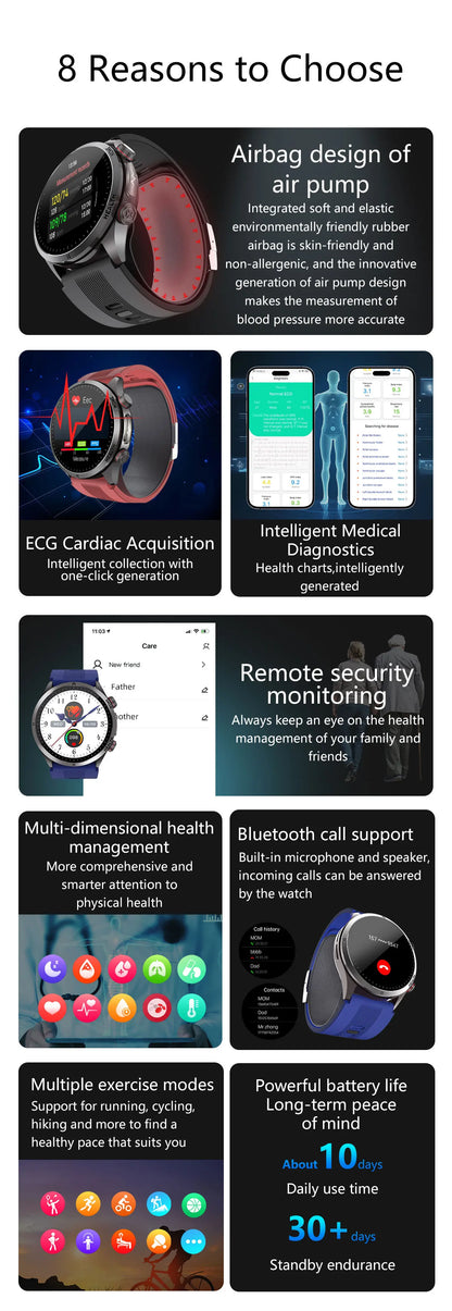 New Blood pressure Non-invasive Health Monitor Airbag Sports Smart Watches ECG+PPG Precise 1.43-inch AMOLED Calls Smartwatch NFC