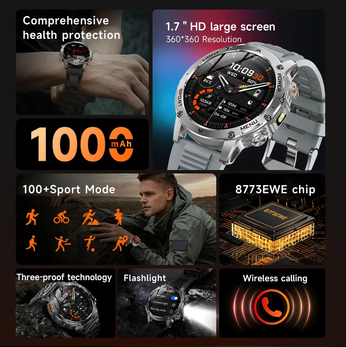 1.7" Large Screen Bluetooth Call Smart Watch Men‘s Sports Outdoor Flashlight 1000mAh Health Monitor Smartwatch for Man Male IP6