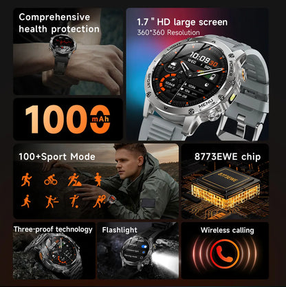 1.7" Large Screen Bluetooth Call Smart Watch Men‘s Sports Outdoor Flashlight 1000mAh Health Monitor Smartwatch for Man Male IP6