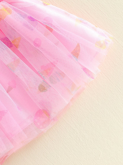 3Pcs Infant Girl Outfit Crew Neck Flying Sleeve Summer Themed Ice Cream Print Romper Tulle Skirt Headband Set