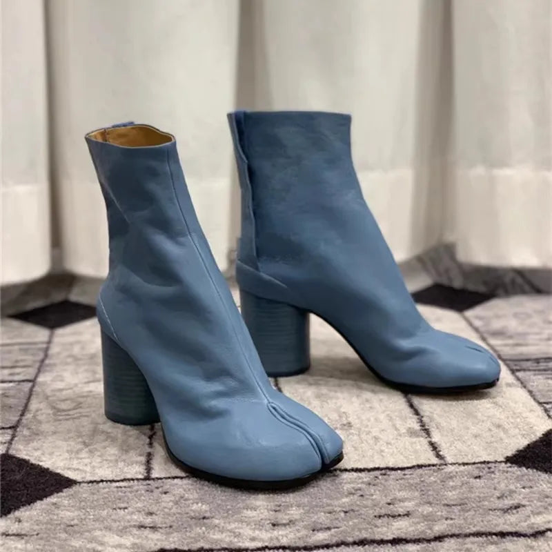 Leather Split Toe Tabi Boots For Women Chunky High Heels Women Shoes Ankle Boots Black Fashion Brand Designer Botas Mujer