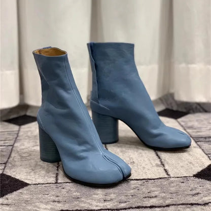 Leather Split Toe Tabi Boots For Women Chunky High Heels Women Shoes Ankle Boots Black Fashion Brand Designer Botas Mujer