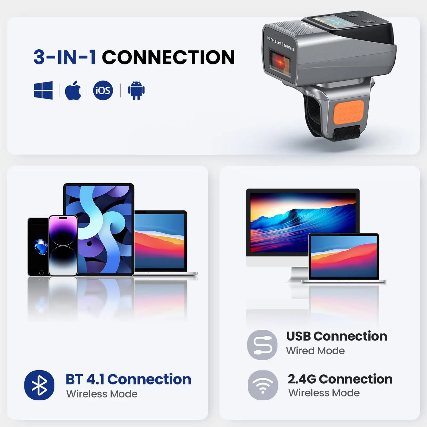 Eyoyo EY-038 Ring Barcode Scanner with Screen.1D Laser/2D Mini Wearable Bluetooth Finger QR Code Reader.Support Screen Scanning