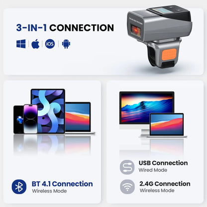 Eyoyo EY-038 Ring Barcode Scanner with Screen.1D Laser/2D Mini Wearable Bluetooth Finger QR Code Reader.Support Screen Scanning