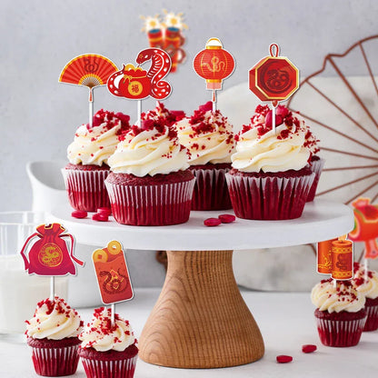12/24pcs Chinese New Year Cupcake Toppers Dessert Cake Decor 2025 Year of Snake Lunar Chinese Spring Festival Party Supplies