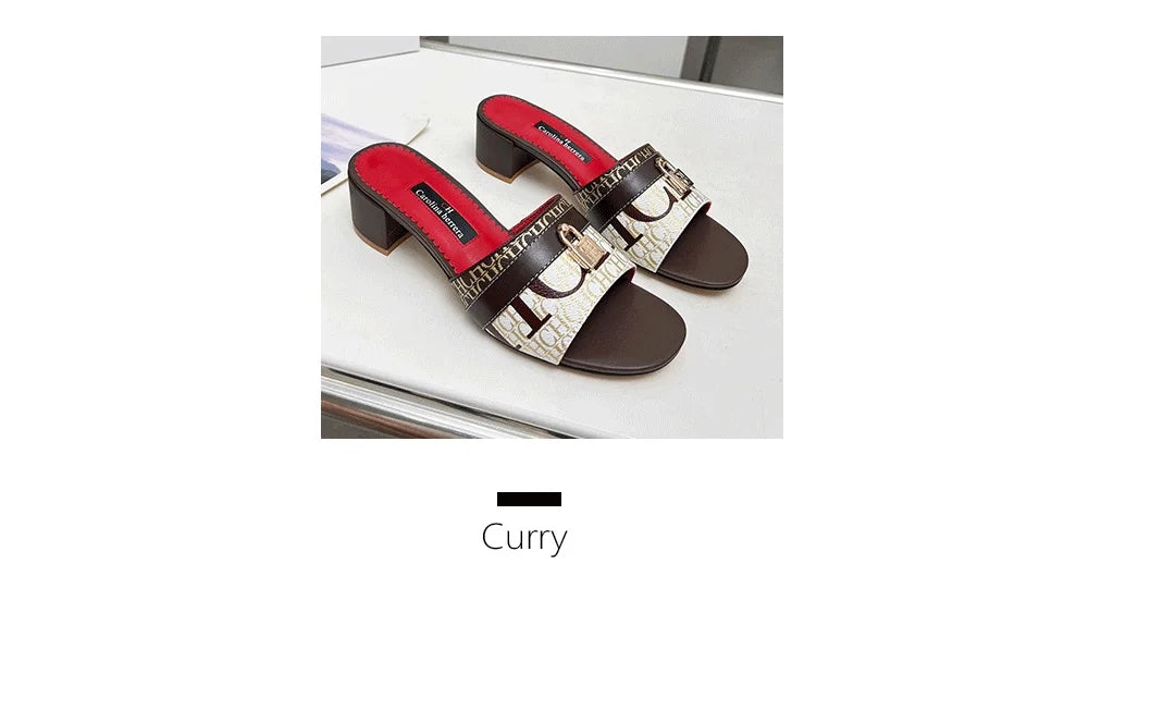 CH Brand Metal Buckle Embossed Sandals With Block Heels Open Toe Design Comfortable And Stylish Outdoor Slippers