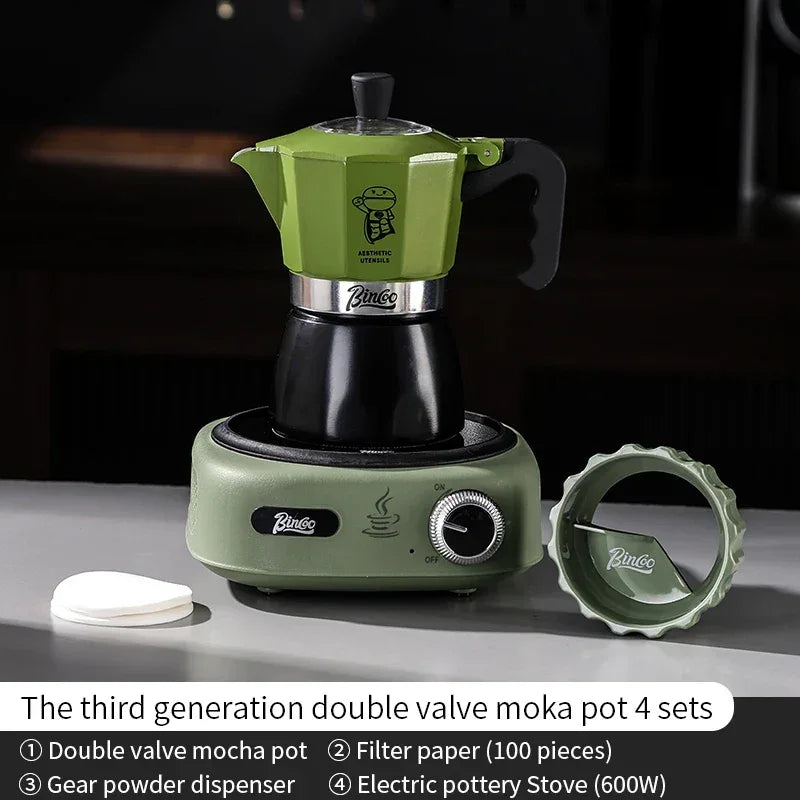 Bincoo Double valve Moka Pot Set Electric Stove Coffee Pot Household Italian Espresso Machine Mocha Pot Barista Accessories 220V