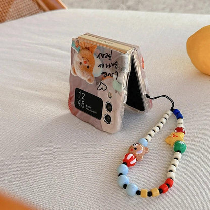 Cartoon Cute Bear Wave Border Phone Case for Samsung Galaxy Z Flip 5 4 3 Zflip5 Flip3 ZFlip4 Star Bracelet Shockproof Lens Cover