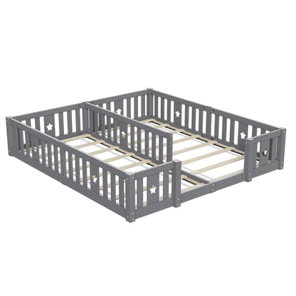Rosahqnda Children's Bed Floor Bed 90x200cm with Railing Gate,Pine Wooden Bed for Families with 2 Children,Children's Twin Bed