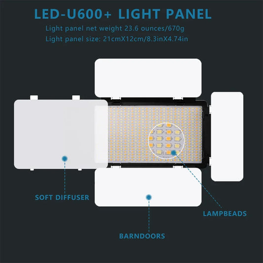 U800+ LED Video Light Photo Studio Lamp Bi-Color 2500K-8500k Dimmable with Remote for Video Recording Para Without Tripod Stand