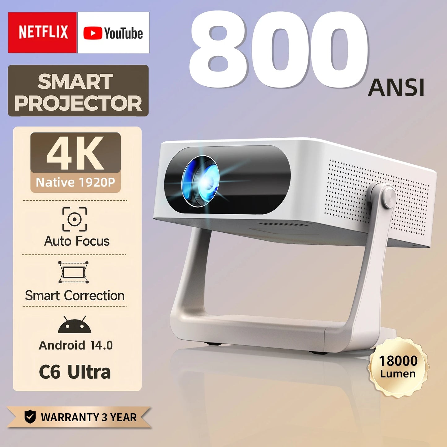 Fintex C6 Ultra Projector 4K FullHD 18000Lumen 1080P HDR10 Proyector 800 ANSI AndroidTV14.0 ASA3.0 AutoFocus Portable Projectors