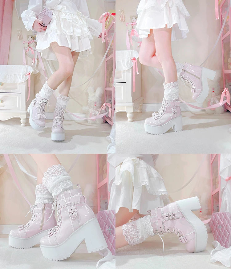 Japanese Mine Lolita Short Boots for Women Mass Production Love Rhinestone Buckle Bow Round Head Platform Boots Sweet Shoes