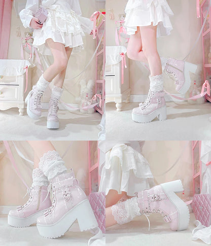 Japanese Mine Lolita Short Boots for Women Mass Production Love Rhinestone Buckle Bow Round Head Platform Boots Sweet Shoes