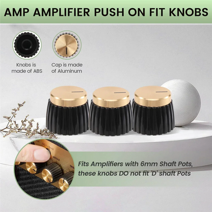 Trendy! 15Pcs Guitar AMP Amplifier Push on Fit Knobs Black with Gold Aluminum Cap Top Fits 6Mm Diameter Pots Marshall Amplifiers