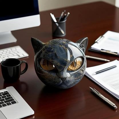 Cat Head Statue - Elegant Marble-like Glossy Resin Sculpture with Golden Eyes & Black Marble Texture,Desktop Decor for Home/Offi