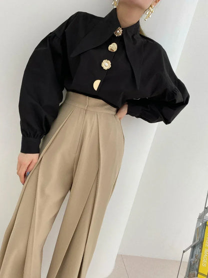 2025 Autumn Long Sleeve Women Shirt Fashion Spring Lanter Sleeve Blouses Office Lady Elegant Tops Casual Loose Clothing