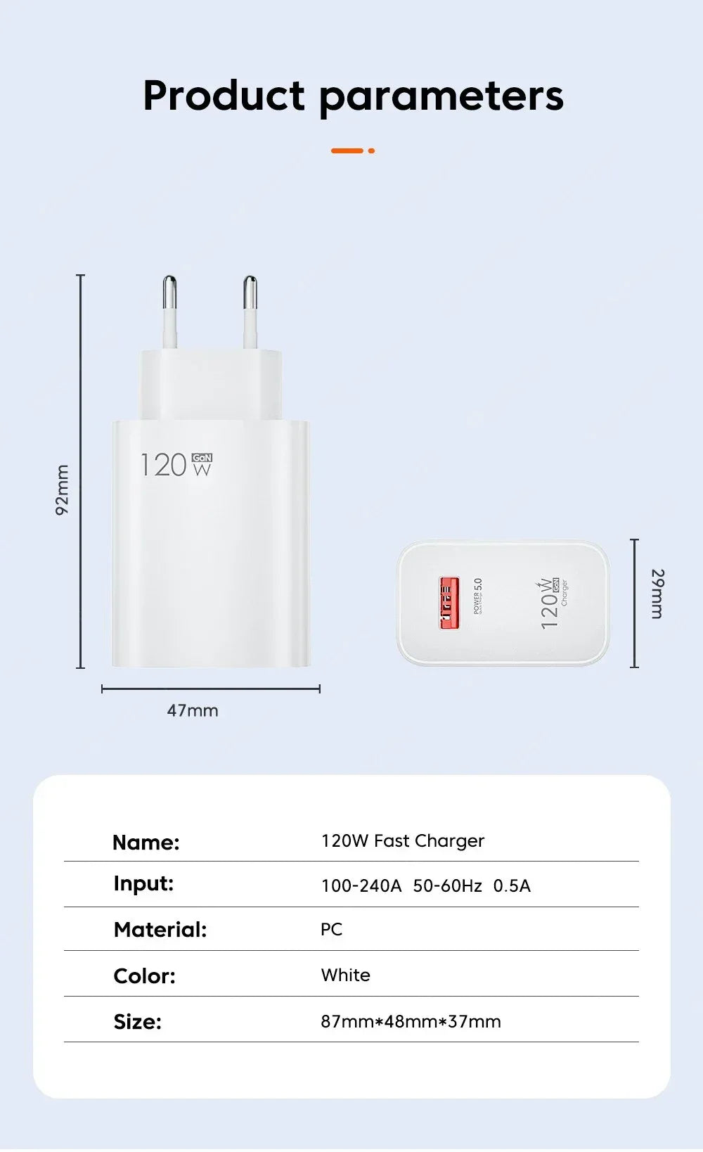 USB GaN 120W Charger Quick Charge 3.0 EU/US Plug Phone Charger Adapter Type C Wire For iPhone Samsung Xiaomi Huawei Fast Charger