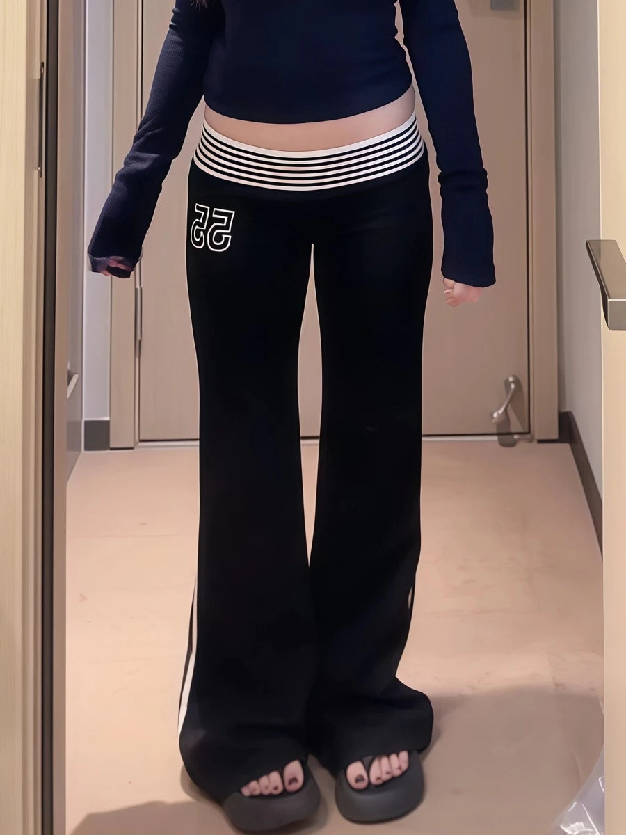 2025 Autumn Winter Women High Street American Retro Flared Pants Y2k Low Rise Long Trousers College Harajuku 2000s Bell Bottom