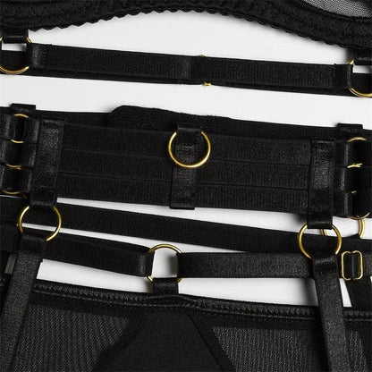 Comeondear Women Suspender Elastic Strap Intimate Underwear Black Plus Size Lingerie Belt Briefs Sexual Mesh Garter Bra Panties