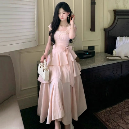 Pink Square Collar Korean Style Long Dress Women Japan Style Sweet Elegant Fairy Dress Female Fashion Summer Casual Party Dress