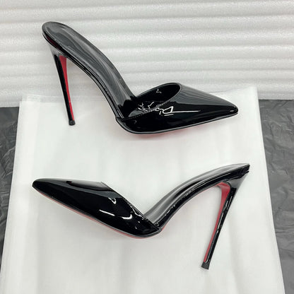 Summer black patent leather high heels with pointed toes shallow mouth thin heels slippers sexy versatile plus size lazy shoes