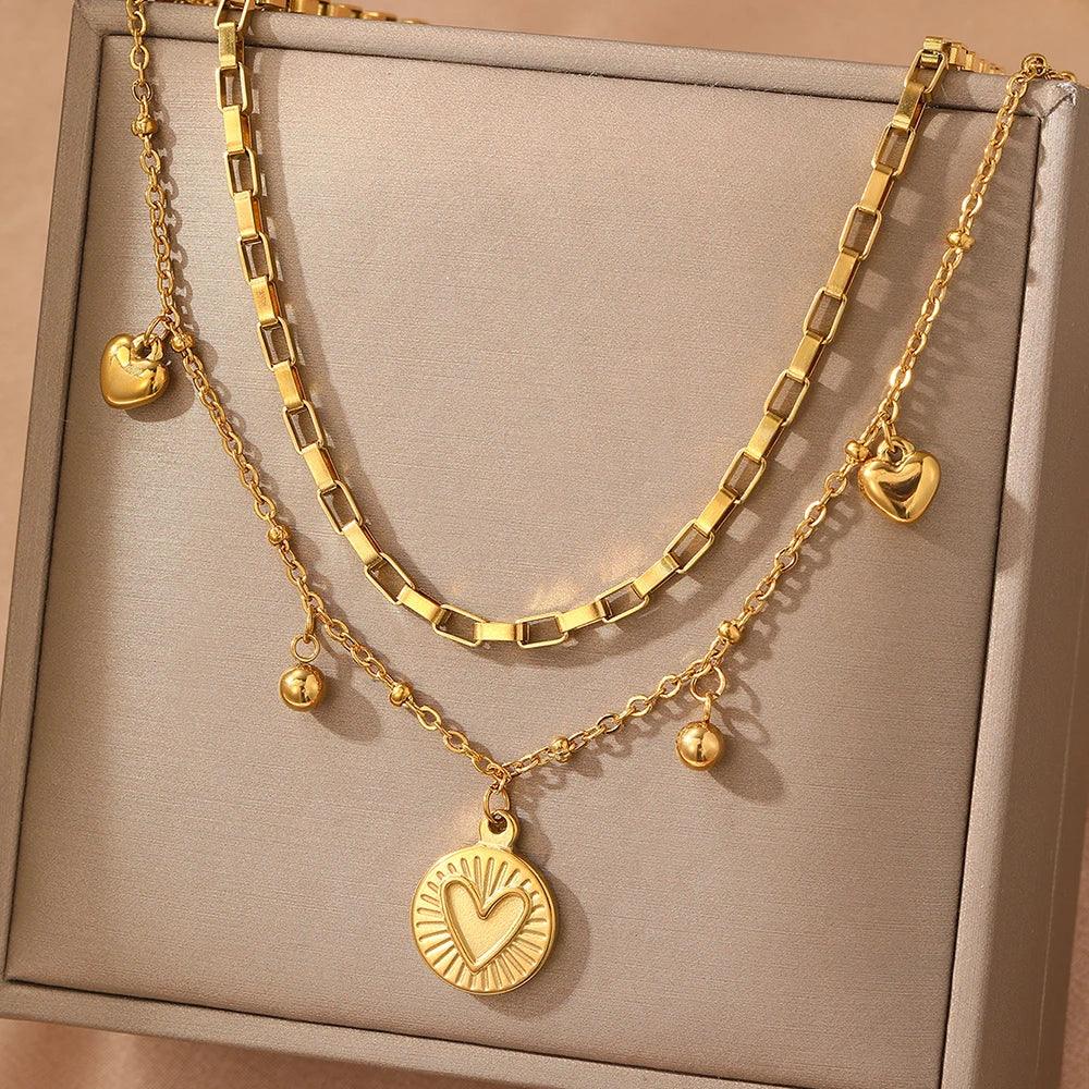 woiwoi Stainless Steel Necklace Luxury Exquisite Peach Heart Double Layer Bone Chain Ladies Jewelry Birthday Anniversary Gift