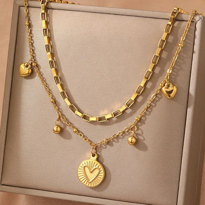 woiwoi Stainless Steel Necklace Luxury Exquisite Peach Heart Double Layer Bone Chain Ladies Jewelry Birthday Anniversary Gift