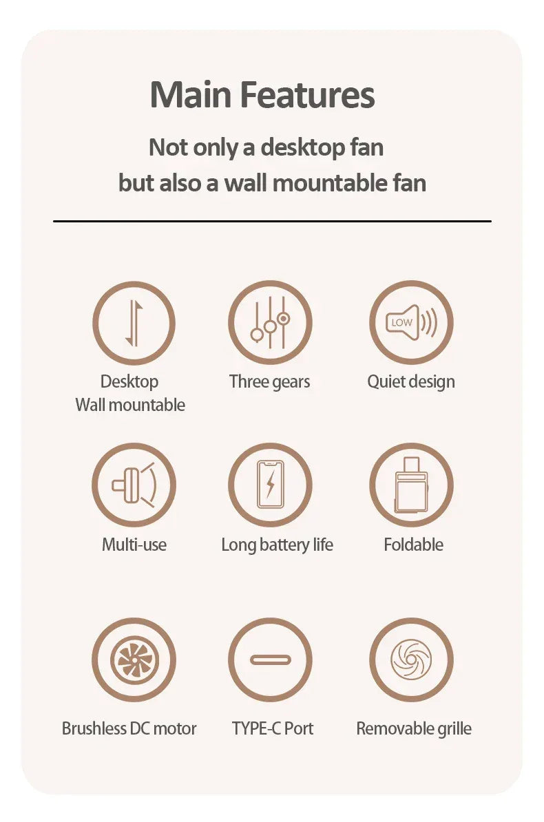 2024 Best Sellers 2IN1 Folding Desktop Fan Portable Air Conditioner Wall Mounted Fan Rechargeable With 3 Gears for Home Office