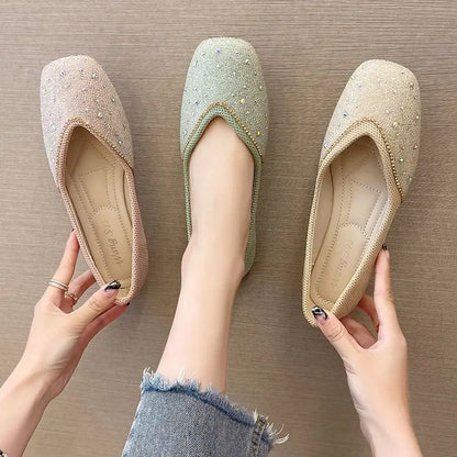 Shoes for Woman 2025 Diamond Flats Women's Summer Footwear Flat Square Toe Pink with Crystals Rhinestone Office 39 Beau Today E